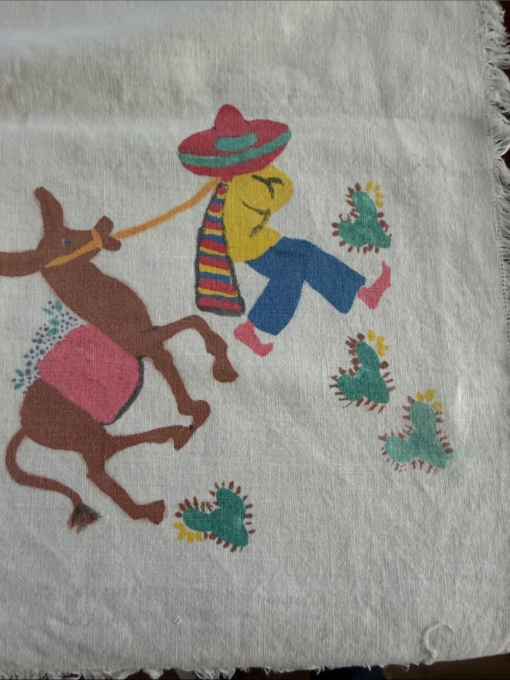 Vintage Mexican Folk Art Stamped card table tablecloth